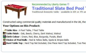 section-listing Pool Table Options - Section Listing