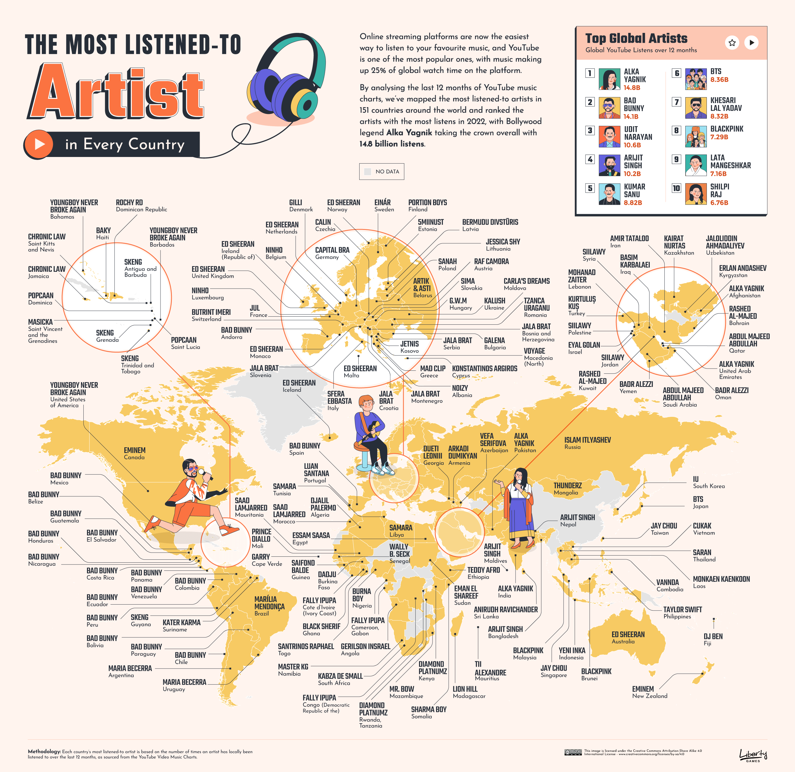 The most listened to artists in the world map