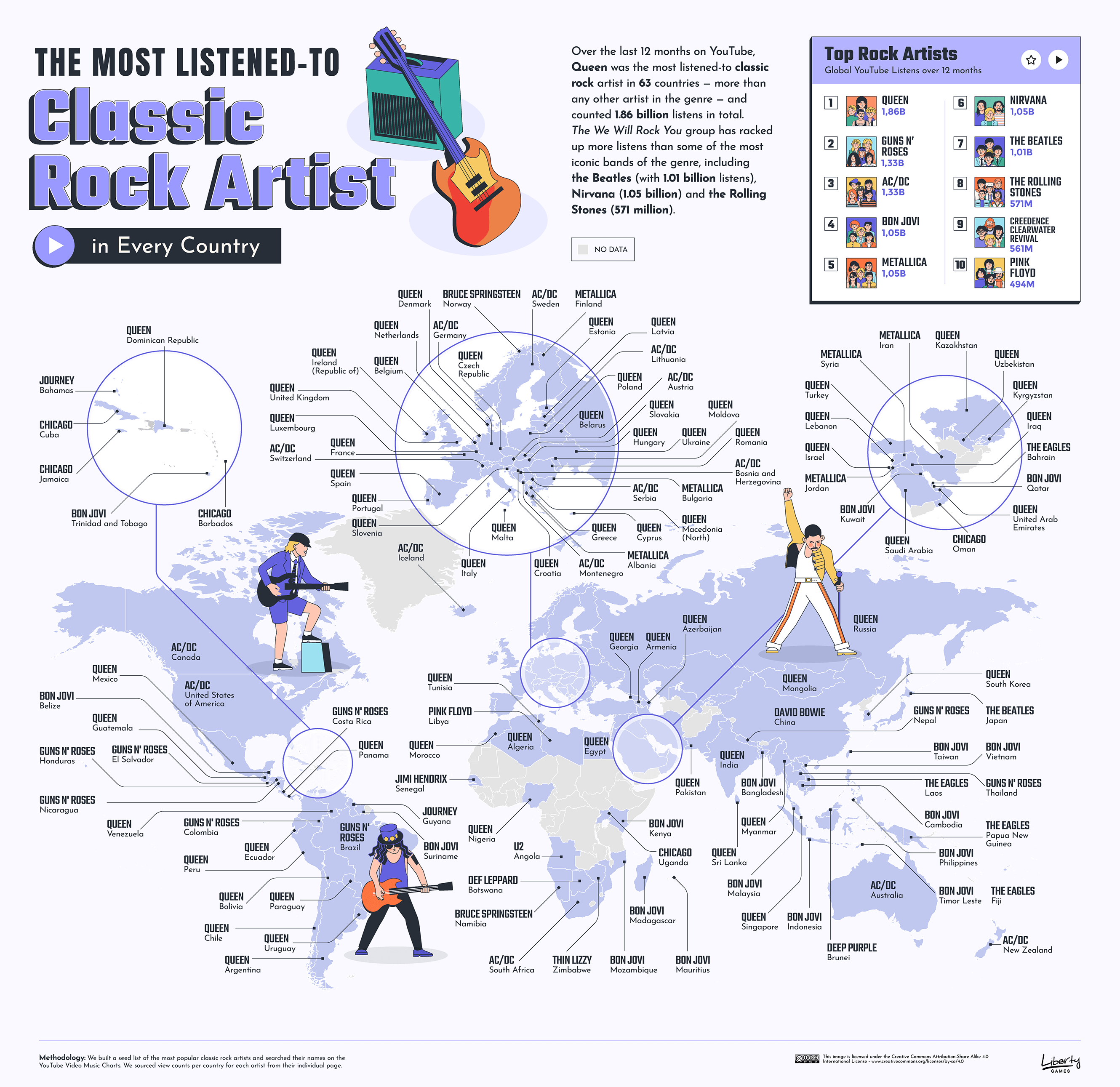 The most listened to rock artists in the world map