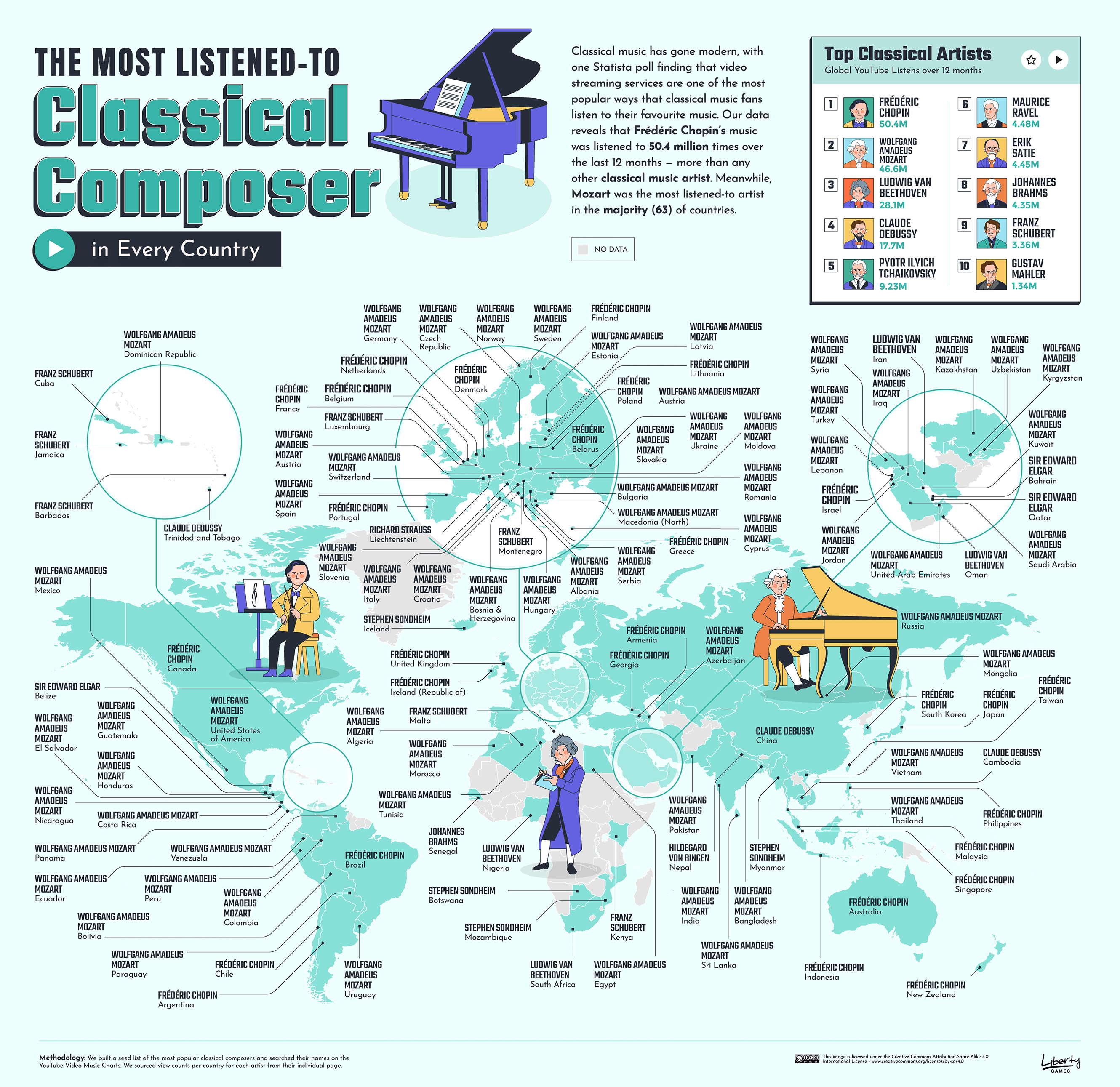 The most listened to classical composers in the world map