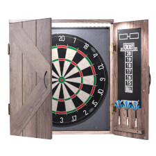 Premium Darts Set with Integrated Light by Strikeworth - Cabinet Finish : Driftwood - X-Shaped Design