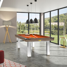 Rene Pierre Carreira American Slate Bed Pool Table - Top Rail & Cabinet Finish : Cassel Walnut,  Legs Finish : Brilliant White, Cloth Colour : Orange