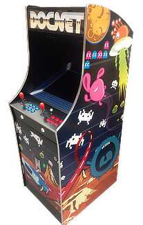A custom arcade machine branded with Docnet livery.
