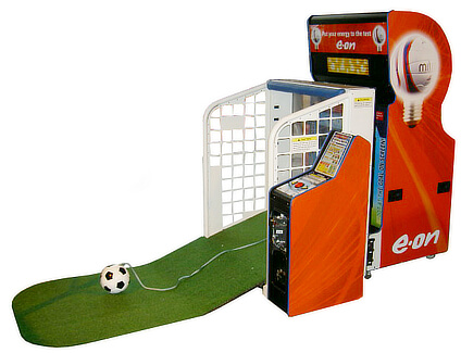 A customised kicker arcade machine with Eon branding.