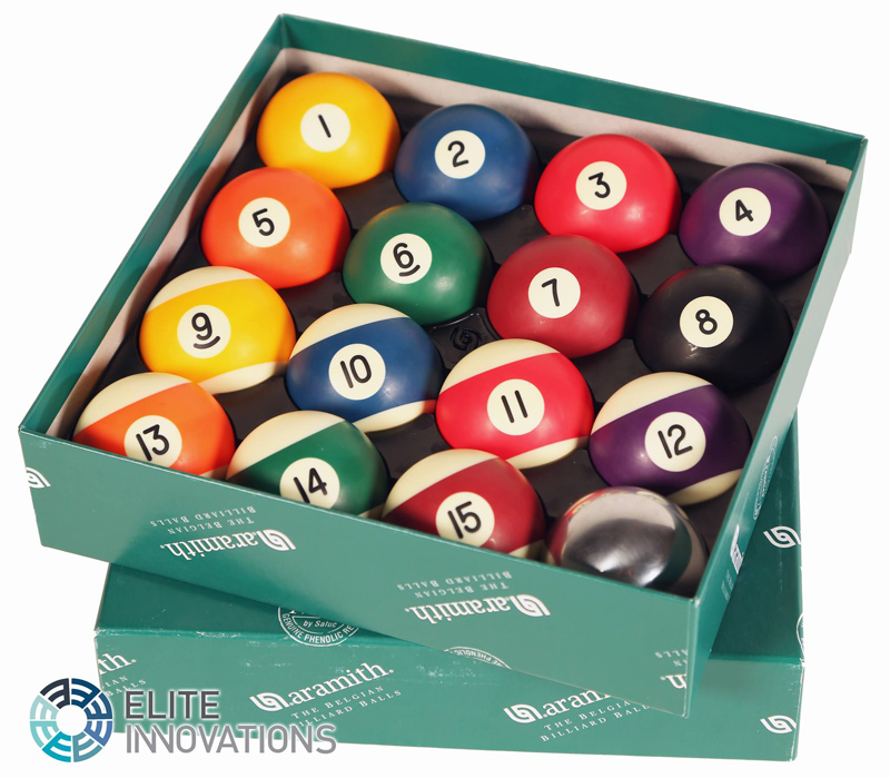 Specially-treated pool balls for the Elite Innovations pool table range