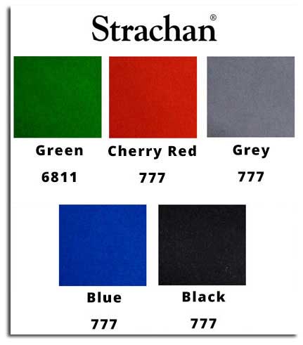 A swatch showing five different Strachan cloth colours available on DPT pool tables