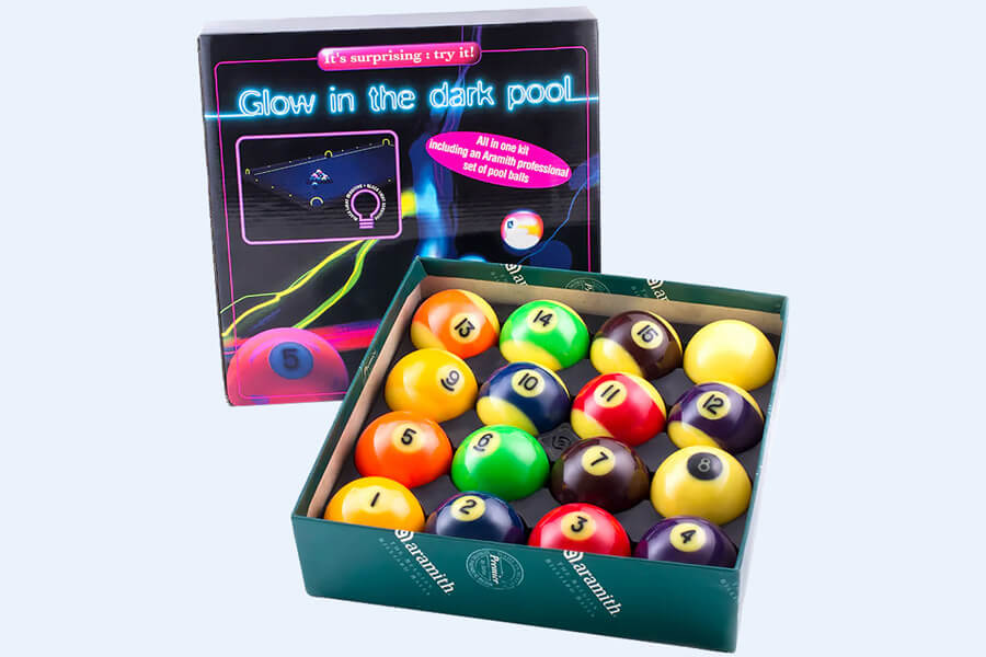 The Aramith 57.2mm UV pool ball set.