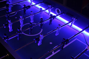The Aurora foosball table is fitted with LED lights