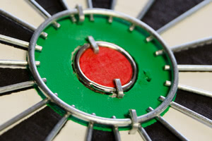 The bullseye on the Strikeworth home dartboard