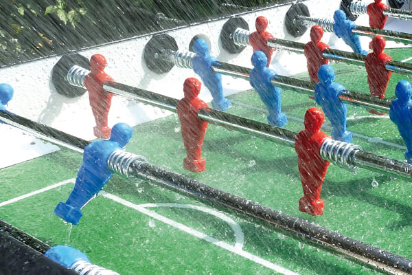 Rain falling on the Storm F3 outdoor football table.