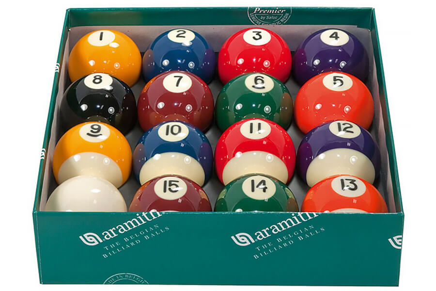 The Aramith Premier 2'' Spots & Stripes poll ball set.