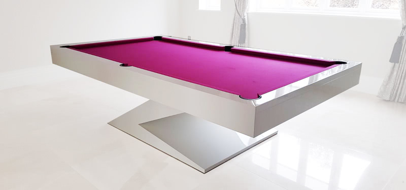 The Zen pool table installed with pink cloth
