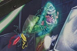 Slimer artwork on the Ghostbusters pinball machine