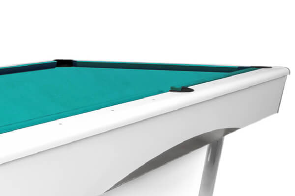 The side of a white Dynamic Triumph Slate Bed pool table