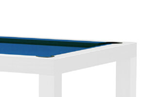 The corner of a white Dynamic Mozart Slate Bed Pool Table
