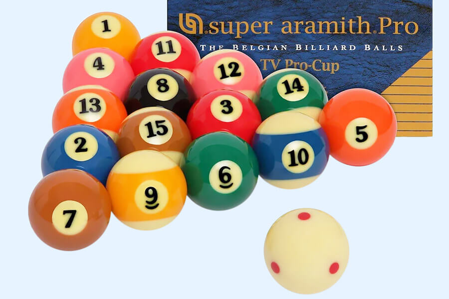 The Aramith 57.2mm Tournament Pro Cup TV pool ball set.