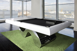 A white Picasso Luxury pool table with black cloth