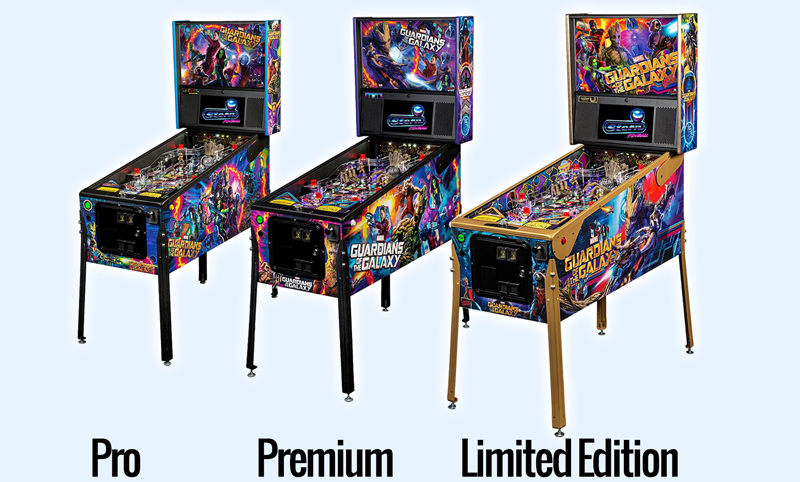 The three models of the Stern Guardians of the Galaxy Pro pinball machine