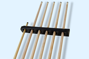 A selection of pool cues in a rack