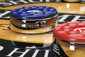 Detail of a Champion shuffleboard playfield