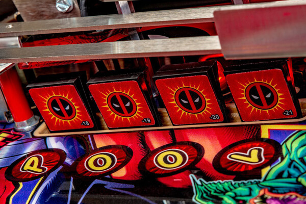 Detail of the Deadpool LE pinball playfield