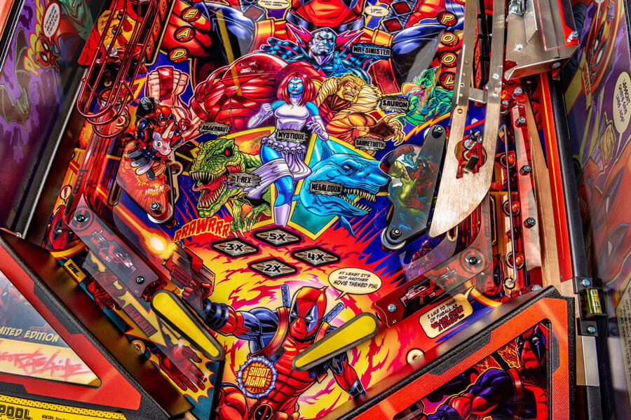 Detail of the Deadpool LE pinball playfield