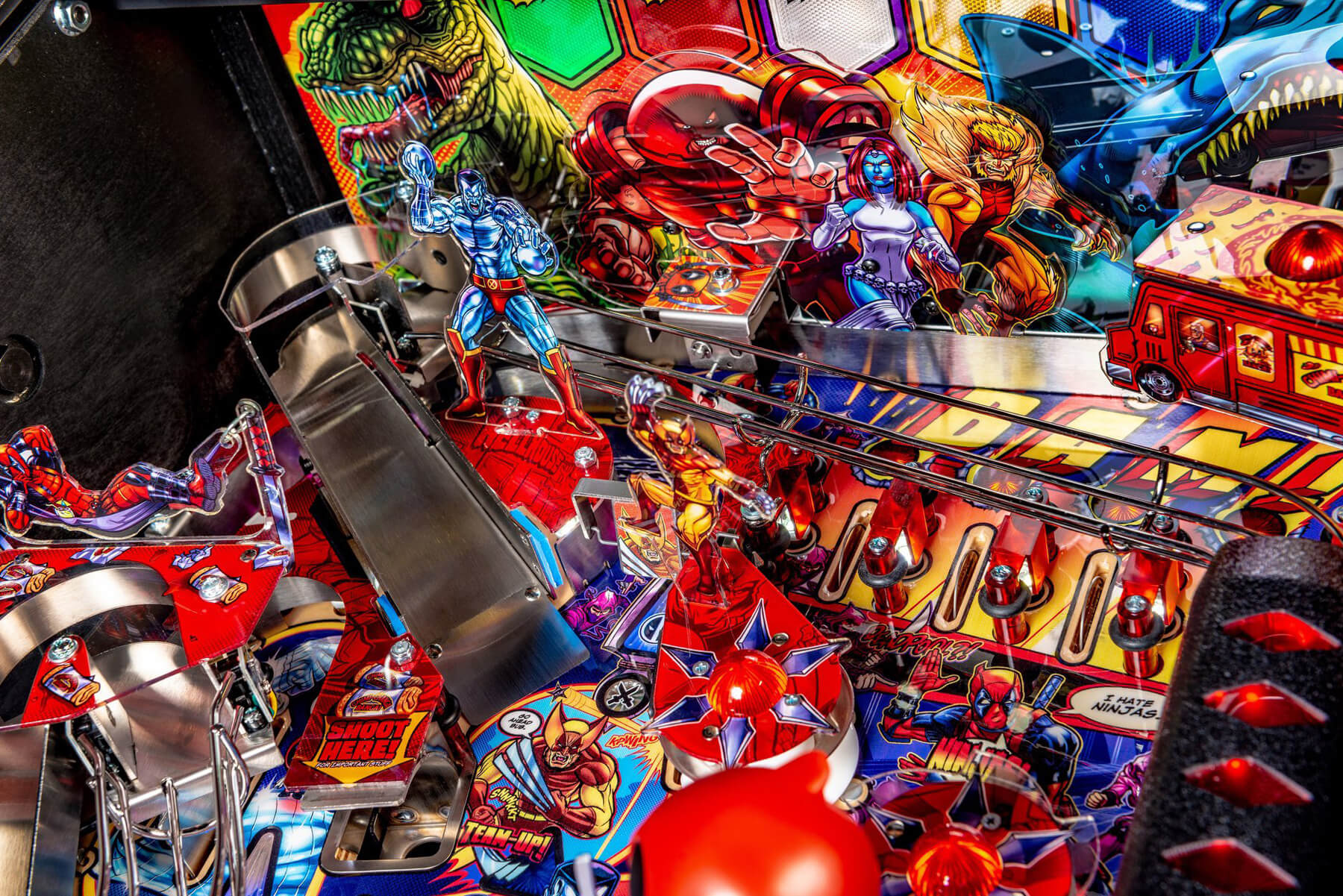 Detail of the Deadpool Pro pinball playfield