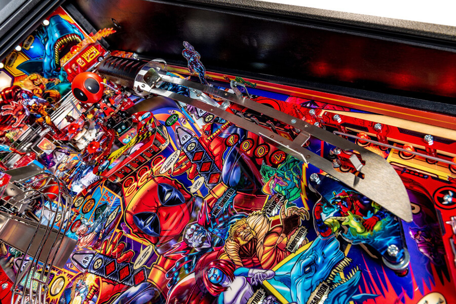 Detail of the Deadpool Pro pinball playfield
