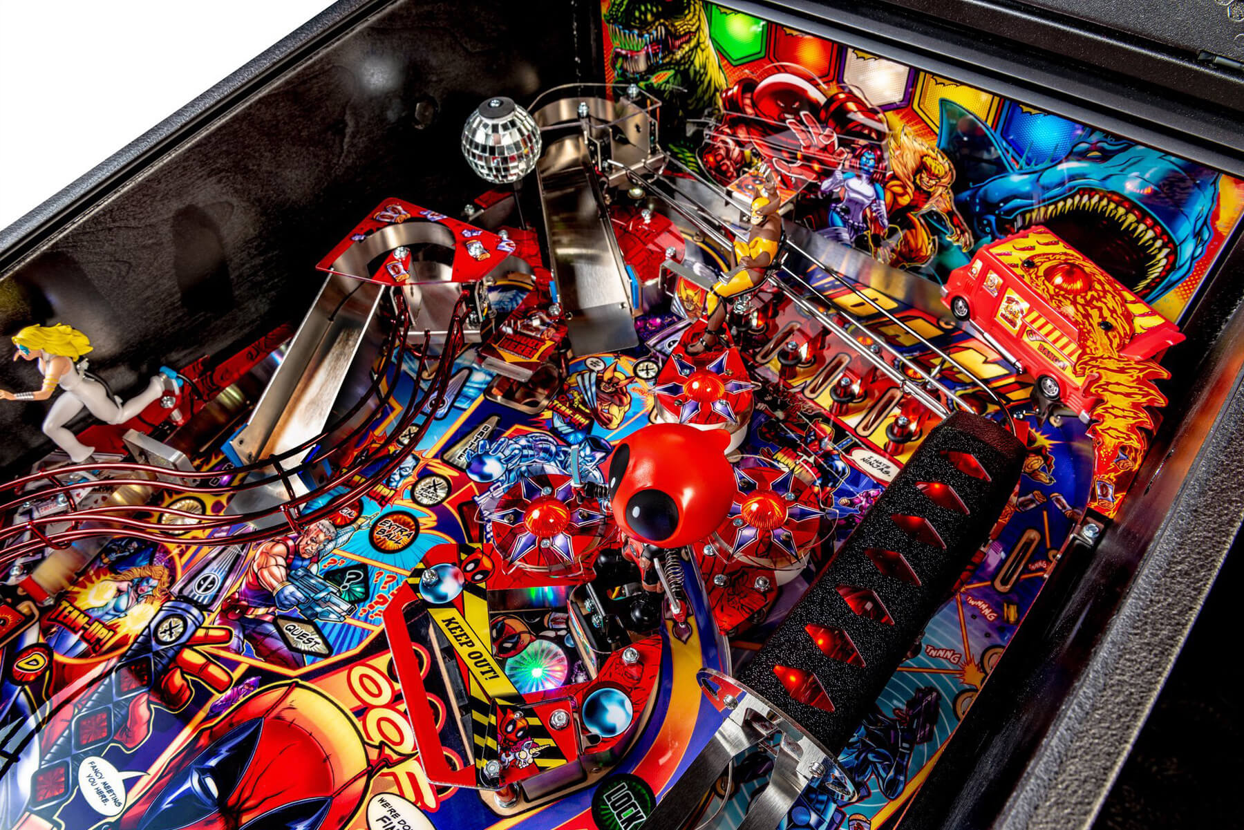 Detail of the Deadpool Premium pinball playfield