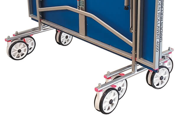The wheels of a Butterfly Garden Rollaway 4000 Tennis Table