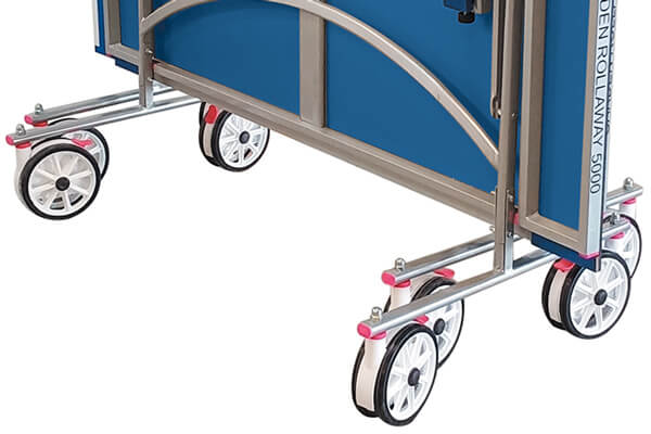 The wheels of a Butterfly Garden Rollaway 5000 Tennis Table
