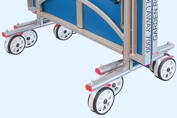 The wheels of a Butterfly Garden Rollaway 7000 Tennis Table