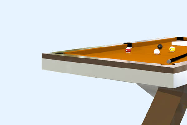 The corner of a Flow Slate Bed Pool Table