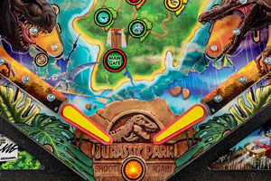 A close up shot of the playfield on the Stern Jurassic Park LE pinball machine