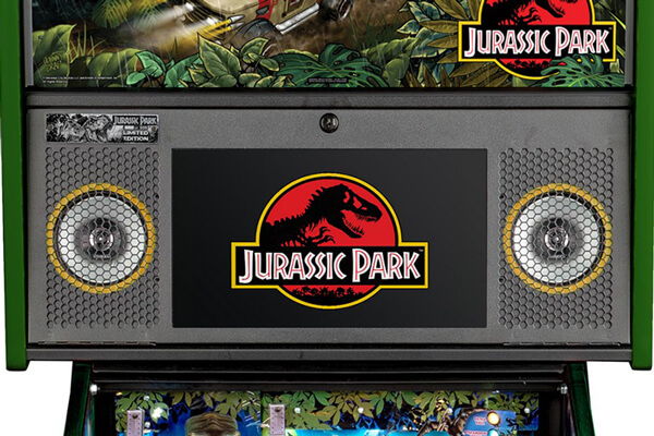 The LCD screen on a Stern Jurassic Park LE pinball machine