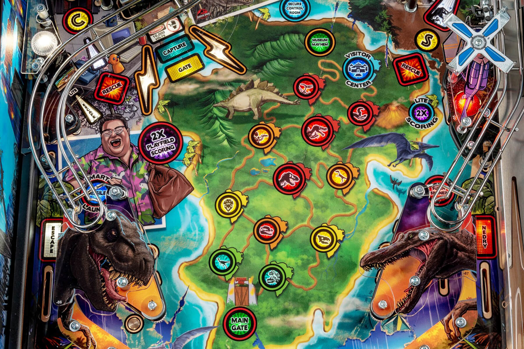 The bottom half of the playfield on the Stern Jurassic Park LE pinball machine