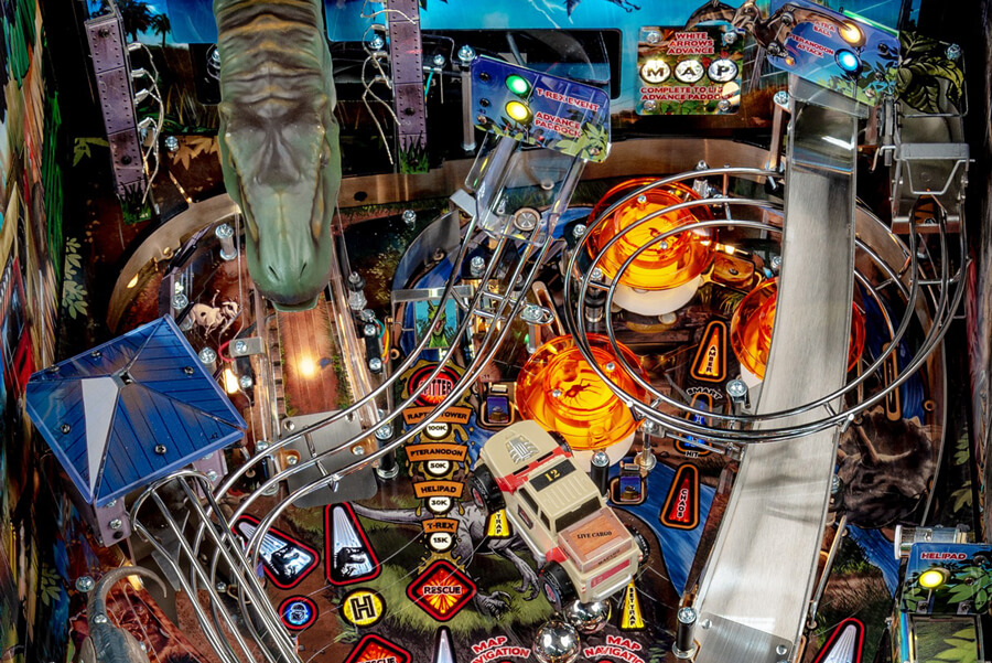 The top half of the playfield on the Stern Jurassic Park LE pinball machine