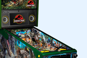 A close up shot of the playfield on a Stern Jurassic Park LE pinball machine