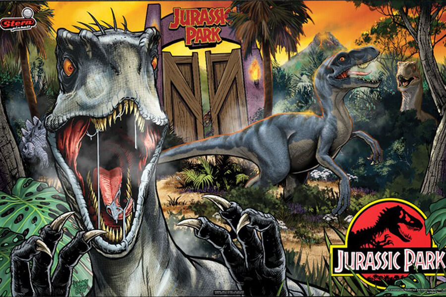 The front panel of the Stern Jurassic Park Premium pinball machine