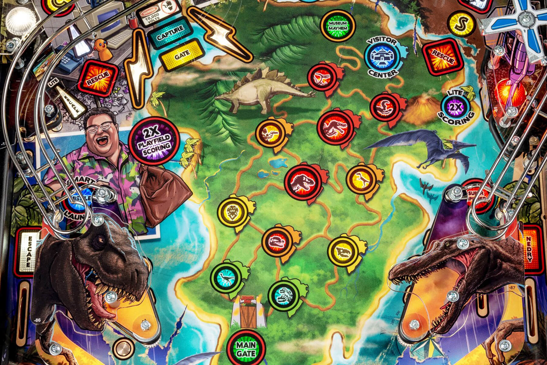 The playfield of a Stern Jurassic Park Premium pinball machine
