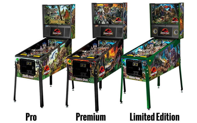 The three Jurassic Park pinball machine models