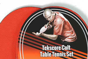 The packet art on the Tekscore Colt table tennis set.