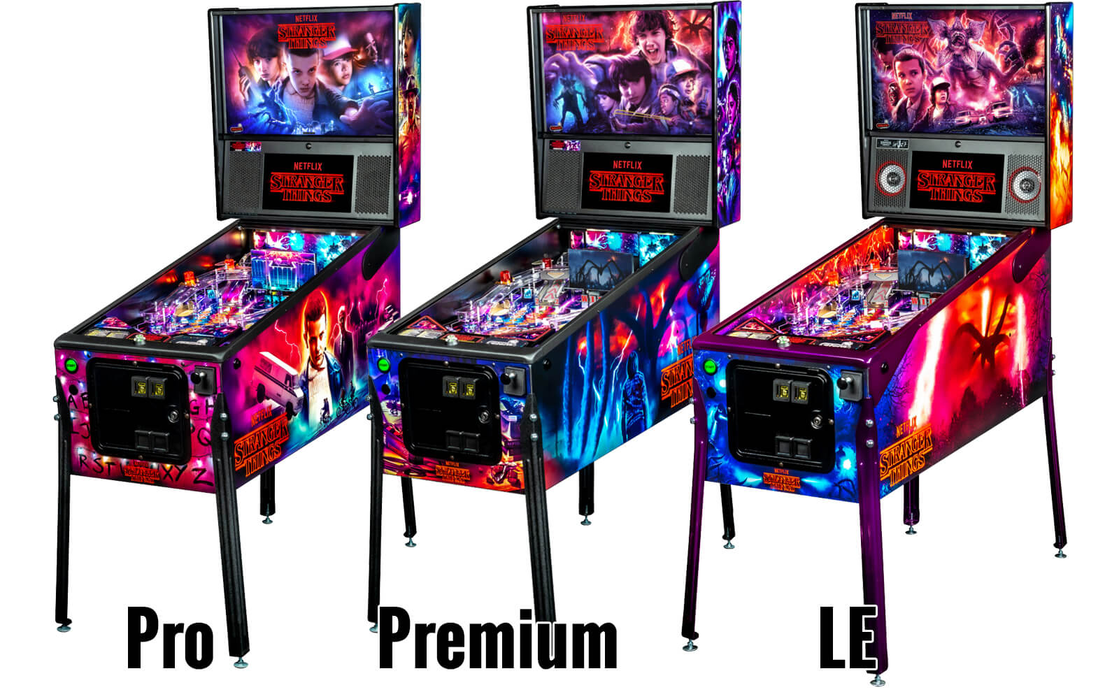 The three Stranger Things pinball machine models.