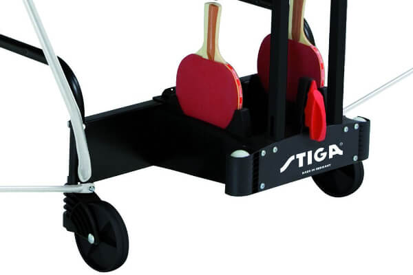 A close up of the Stiga Winner Outdoor table tennis table's bat storage.