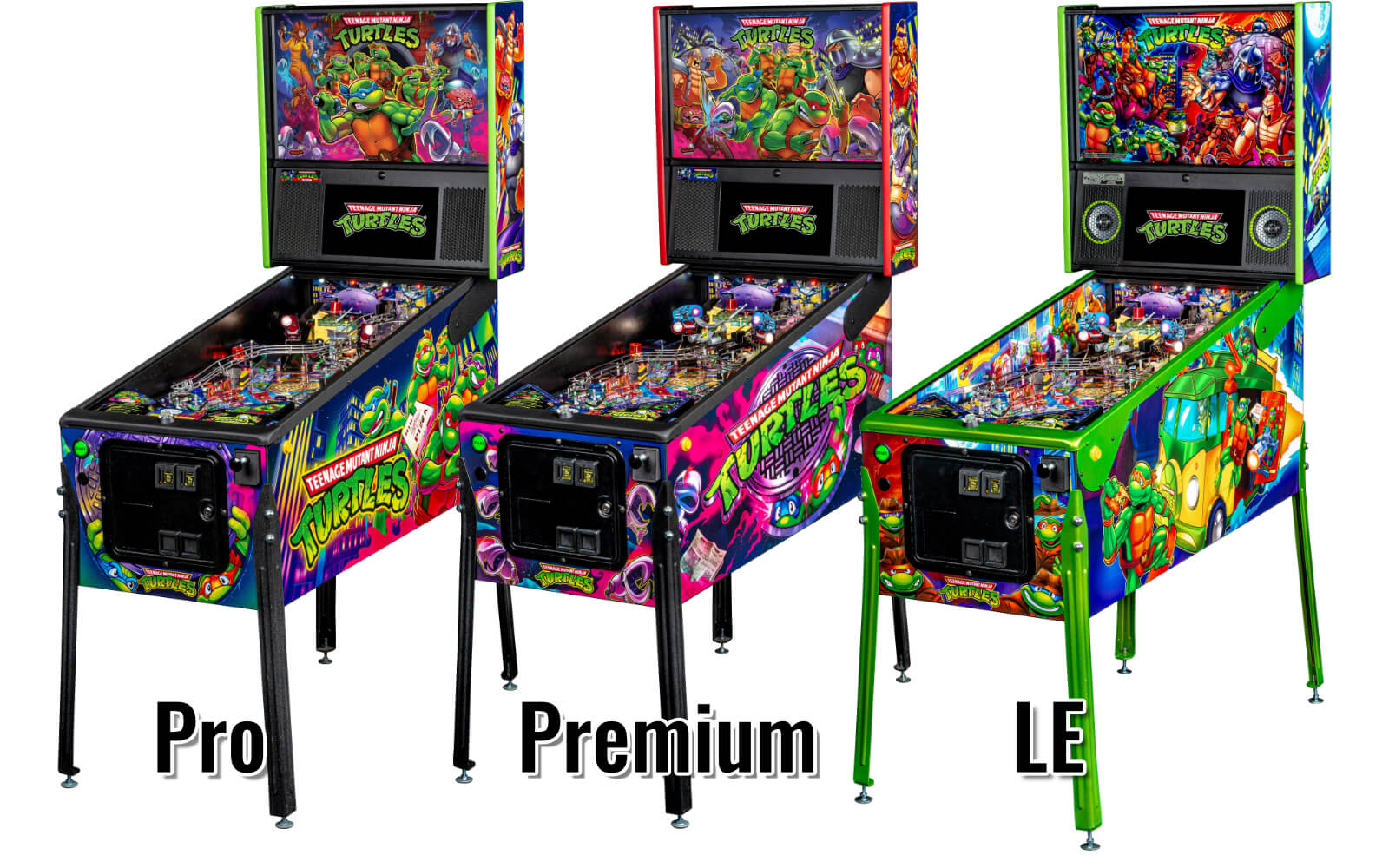 The three Teenage Mutant Ninja Turtles pinball machine models.