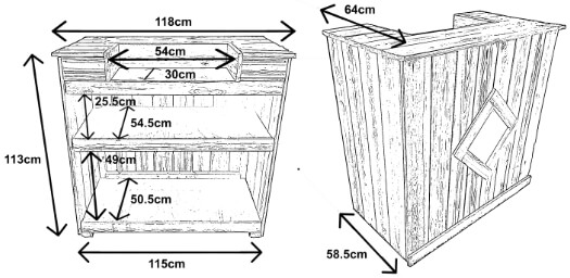 The dimensions of the Diamond indoor bar.
