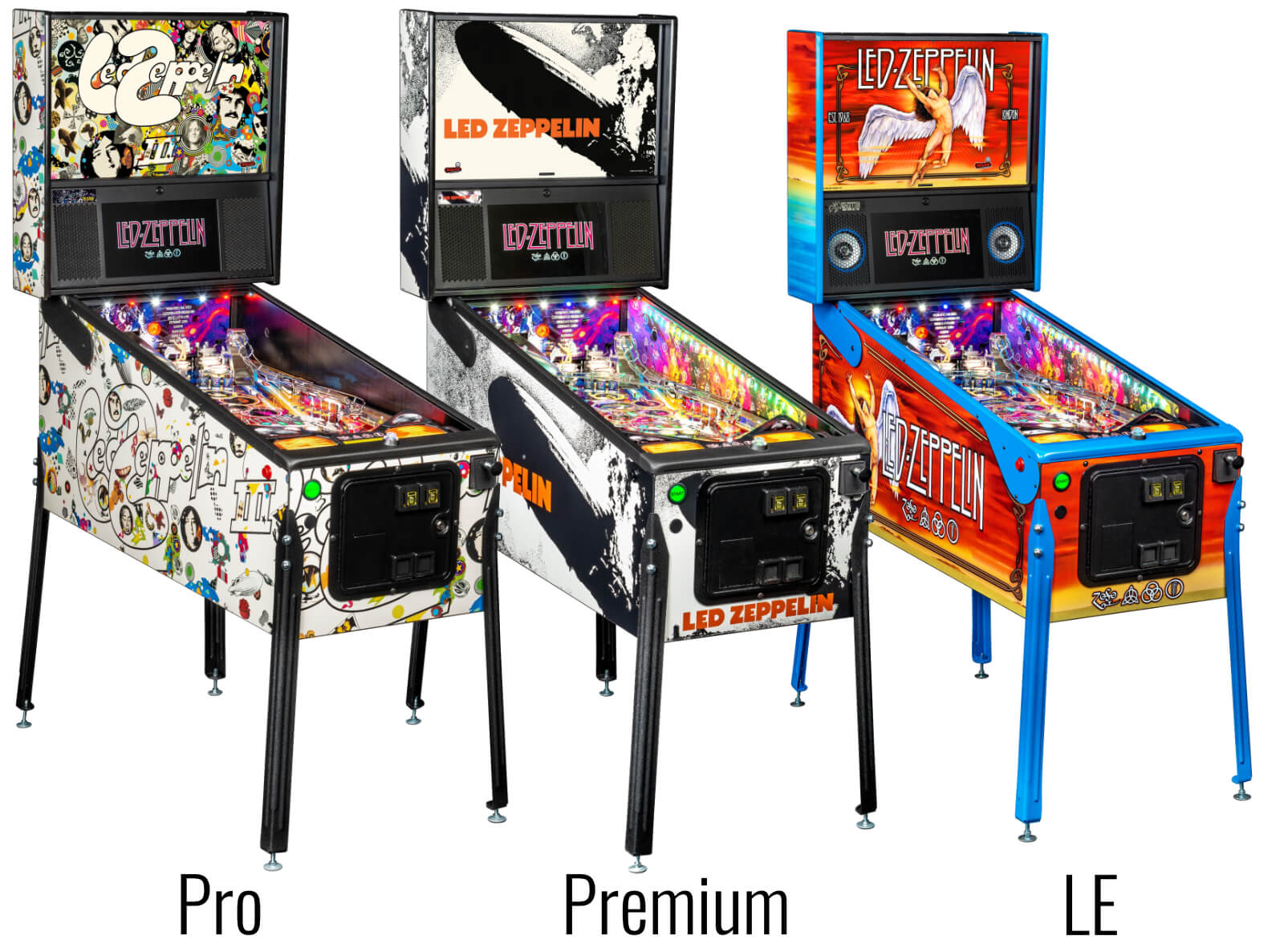 The three Led Zeppelin pinball machine models.