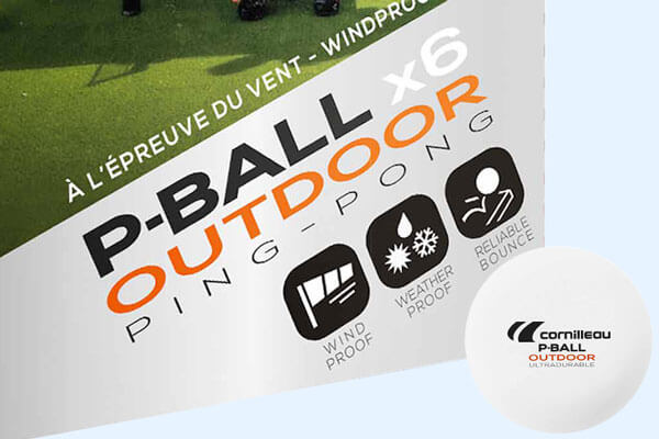 The Cornilleau P-Ball outdoor table tennis ball and box.