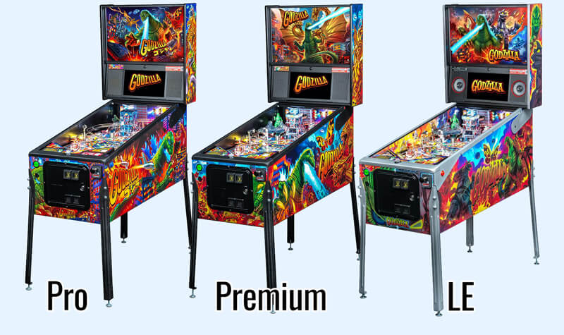 The three Godzilla pinball machine models.