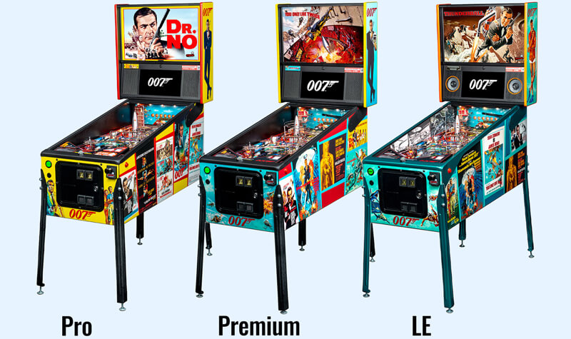 The three James Bond pinball machine models.